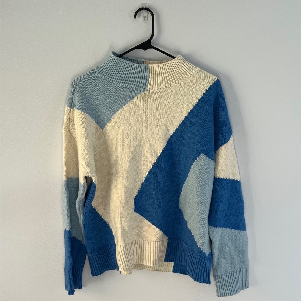 Vince Camuto Blue and Cream Geometric Turtleneck Sweater